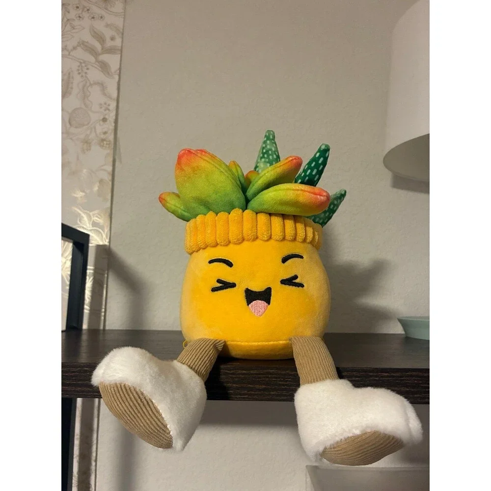 Cute Plush Succulent Plant Shelf Sitter Yellow Pot Dangling Legs Like New